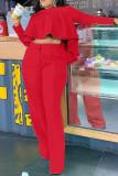 Red Fashion Casual Solid Patchwork O Neck Long Sleeve Two Pieces