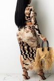 Multicolor Sexy Print Patchwork Draw String High Opening Asymmetrical O Neck Long Sleeve Two Pieces
