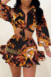 Rose Red Sexy Print Patchwork Turndown Collar Long Sleeve Two Pieces