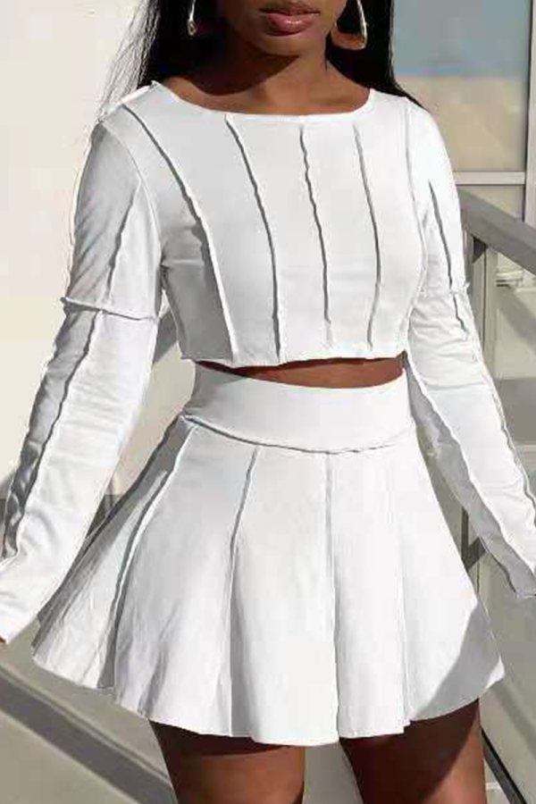 White Casual Solid Patchwork O Neck Long Sleeve Two Pieces