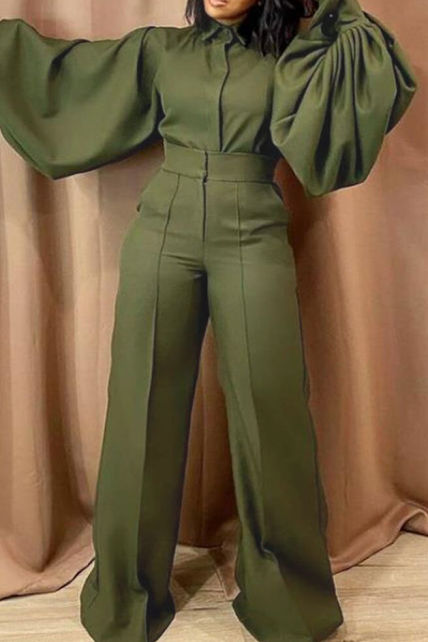Green Casual Solid Patchwork Turndown Collar Straight Jumpsuits