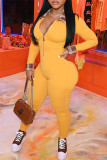 Yellow Fashion Casual Patchwork Solid Color Zipper Collar Skinny Jumpsuits