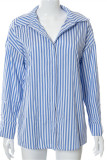 Blue Fashion Casual Striped Print Cardigan Turndown Collar Tops