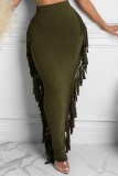 Olive Green Sexy Solid Tassel Skinny Mid Waist Pencil Solid Color Bottoms