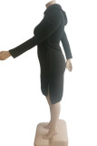 Black Fashion Casual Print Slit Hooded Collar Long Sleeve Plus Size Dresses