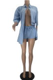 Blue Fashion Casual Solid Cardigan Turndown Collar Three Quarter Two Pieces