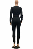 Black Fashion Casual Solid With Belt O Neck Long Sleeve Two Pieces