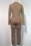 Light Coffee Fashion Casual Solid Patchwork O Neck Long Sleeve Two Pieces