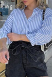 Blue Fashion Casual Striped Print Cardigan Turndown Collar Tops