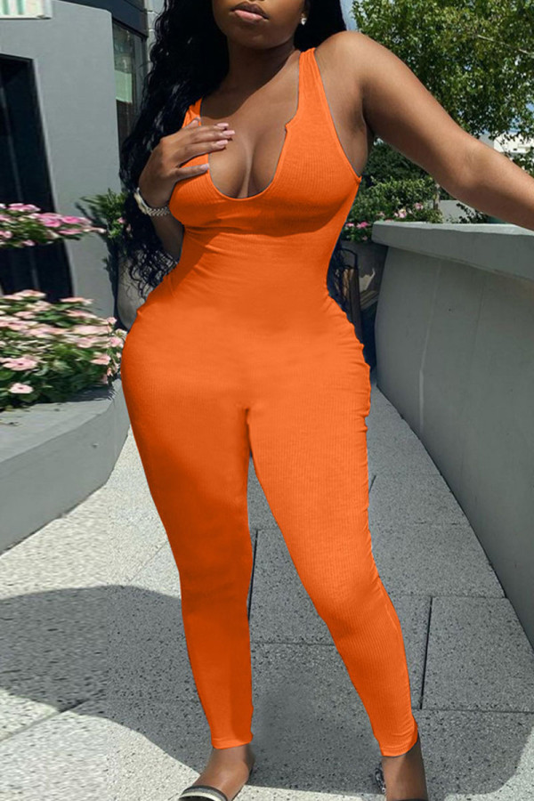 Tangerine Sexy Solid Patchwork V Neck Skinny Jumpsuits