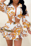 Rose Red Sexy Print Patchwork Turndown Collar Long Sleeve Two Pieces