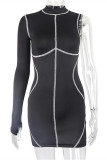 Black Fashion Sexy Patchwork Asymmetrical Half A Turtleneck Long Sleeve Dresses