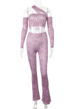 Pink Fashion Sexy Print Patchwork Backless Off the Shoulder Long Sleeve Two Pieces