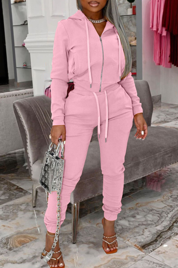 Pink Fashion Casual Solid Split Joint Hooded Collar Long Sleeve Two Pieces