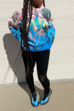 Blue Casual Print Patchwork Hooded Collar Tops