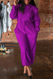 Purple Casual Solid Patchwork Draw String Zipper Collar Loose Jumpsuits