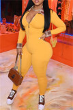 Yellow Fashion Casual Patchwork Solid Color Zipper Collar Skinny Jumpsuits