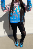 Blue Casual Print Patchwork Hooded Collar Tops