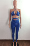 Blue Fashion Sexy Solid Hollowed Out Backless Halter Skinny Jumpsuits