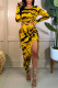 Yellow Sexy Print Patchwork Draw String High Opening Asymmetrical O Neck Long Sleeve Two Pieces