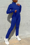 Blue Fashion Casual Solid Fold Zipper Collar Regular Jumpsuits