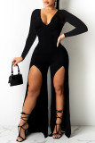 Red Casual Simplicity Solid Patchwork Slit V Neck Straight Jumpsuits