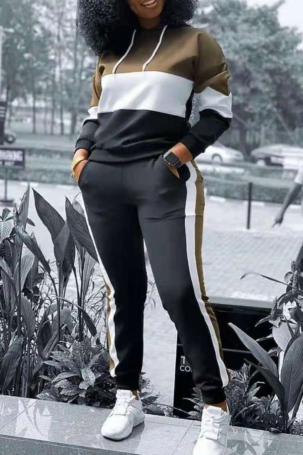 Black Casual Solid Patchwork Hooded Collar Long Sleeve Two Pieces