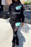 Black Fashion Casual Print Basic Hooded Collar Long Sleeve Two Pieces