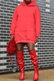 Red Fashion Casual Solid Zipper Hooded Collar Long Sleeve Dresses