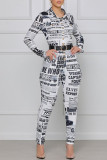 Blue Fashion Street Print Patchwork Turndown Collar Jumpsuits