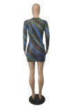 Blue Sexy Print Patchwork O Neck Pencil Skirt Dresses