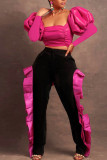 Yellow Sexy Solid Patchwork Flounce Fold Square Collar Long Sleeve Two Pieces