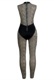 Black Fashion Sexy Patchwork See-through Zipper O Neck Skinny Jumpsuits