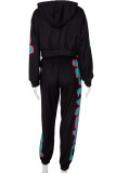 Black Street Print Patchwork Hooded Collar Long Sleeve Two Pieces