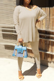 Apricot Fashion Casual Solid Hollowed Out V Neck Long Sleeve Two Pieces