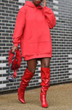 Red Fashion Casual Solid Zipper Hooded Collar Long Sleeve Dresses