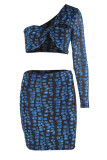 Blue Fashion Sexy Print Patchwork One Shoulder Long Sleeve Two Pieces