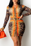 Coffee Fashion Casual Print Chains V Neck Long Sleeve Dresses