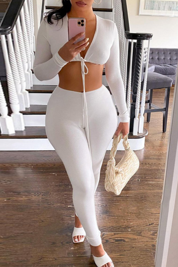 White Sexy Solid Patchwork V Neck Long Sleeve Two Pieces