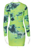 Green Yellow Street Tie Dye O Neck One Step Skirt Dresses