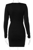 Black Sexy Solid Hollowed Out Patchwork V Neck Pencil Skirt Dresses
