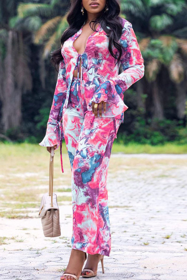 Rose Red Casual Print Patchwork Frenulum Asymmetrical Collar Three Quarter Two Pieces