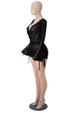 Blue Sexy Solid Mesh V Neck Long Sleeve Two Pieces
