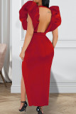 Red Fashion Elegant Solid Slit V Neck Dresses