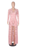 Pink Sexy Patchwork Lace V Neck Irregular Dress Dresses