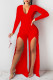 Red Casual Simplicity Solid Patchwork Slit V Neck Straight Jumpsuits