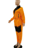 Tangerine Casual Solid Lace Patchwork Zipper Collar Long Sleeve Two Pieces