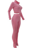 Pink Casual Solid Patchwork Fold Zipper Zipper Collar Long Sleeve Two Pieces