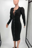 Black Sexy Solid Buckle O Neck Waist Skirt Dresses