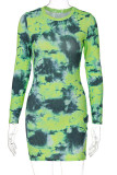 Green Yellow Street Tie Dye O Neck One Step Skirt Dresses